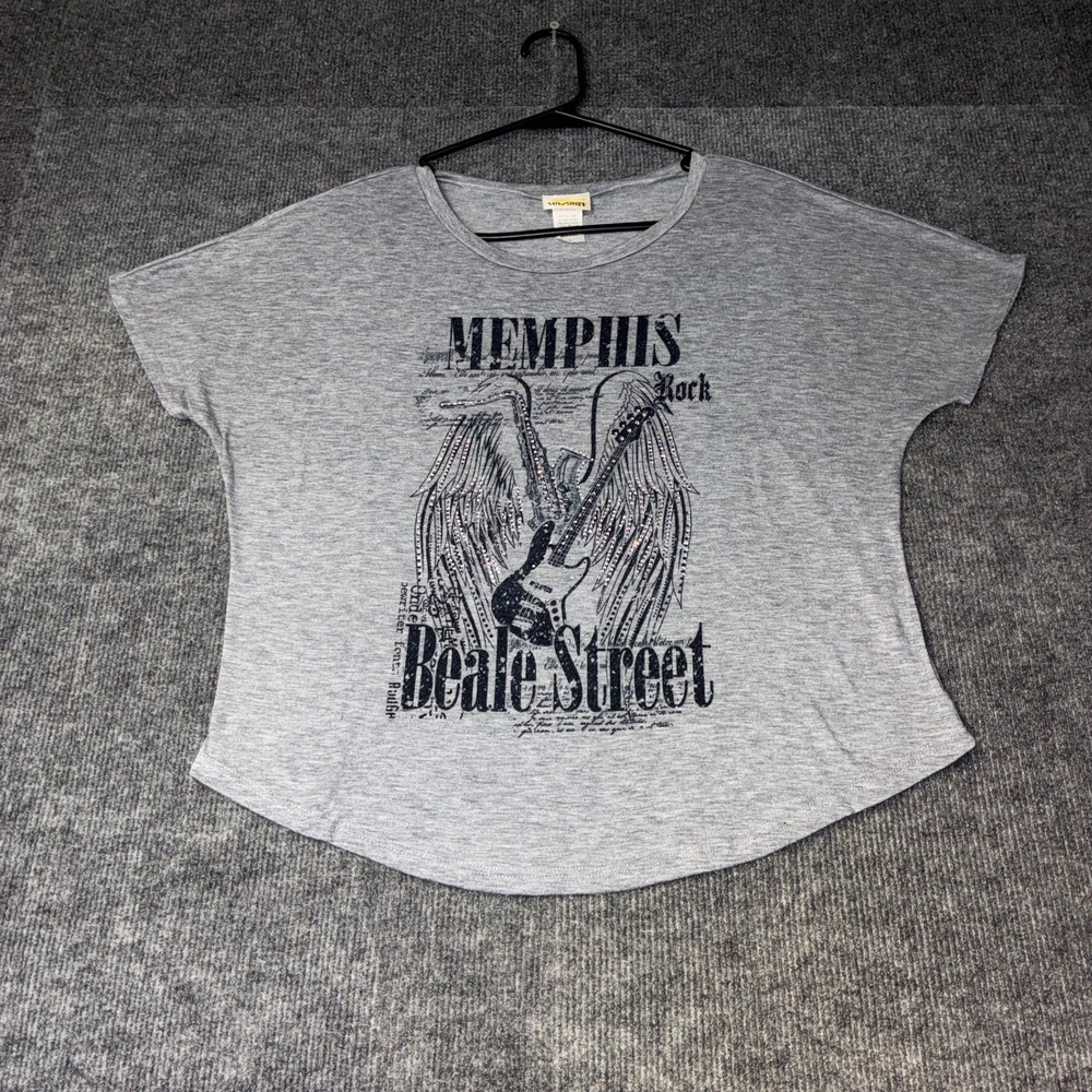 Sunshirt Graphic Tee Women L Gray Excellent Memphis Beale Street Rock Rhinestone
